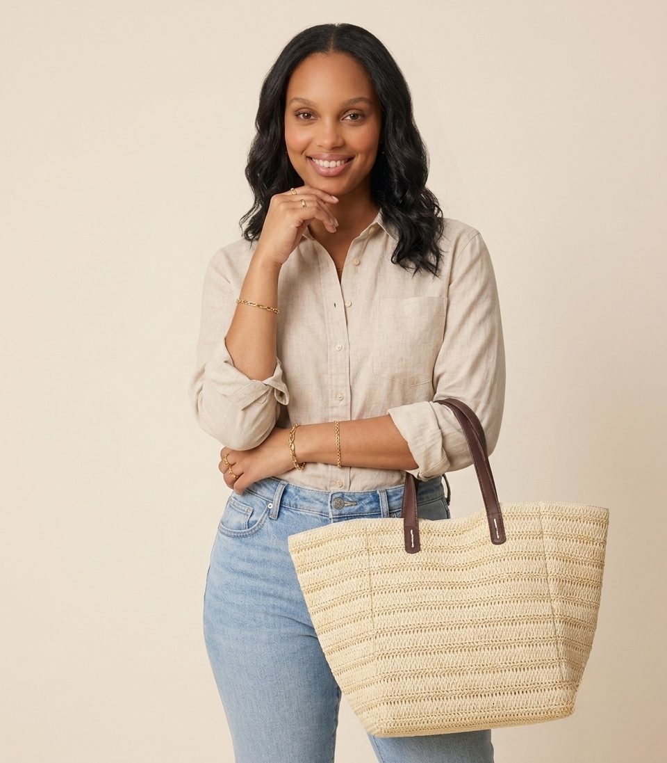 Straw oversized tote bag with PU handles-GRS Certified -ODM/OEM