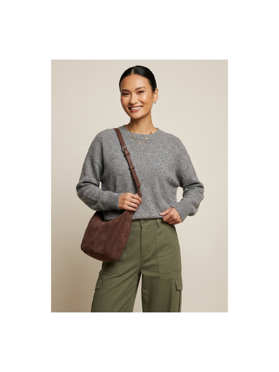 faux suede slouch shoulder and crossbody bag in cocoa brown- GRS Certified-OEM/ODM