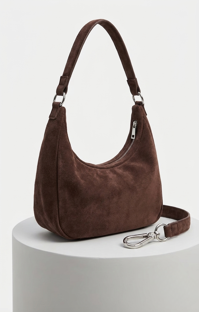 faux suede slouch shoulder and crossbody bag in cocoa brown- GRS Certified-OEM/ODM