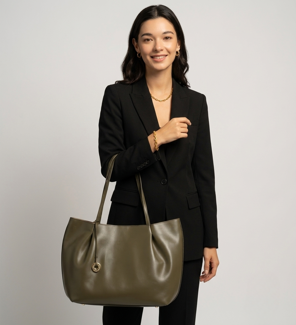 Recycled faux leather slouch tote bag in green-GRS Certified-ODM/OEM