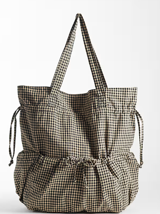 Recycled pocket tote bag in mono gingham-GRS Certified-ODM/OEM
