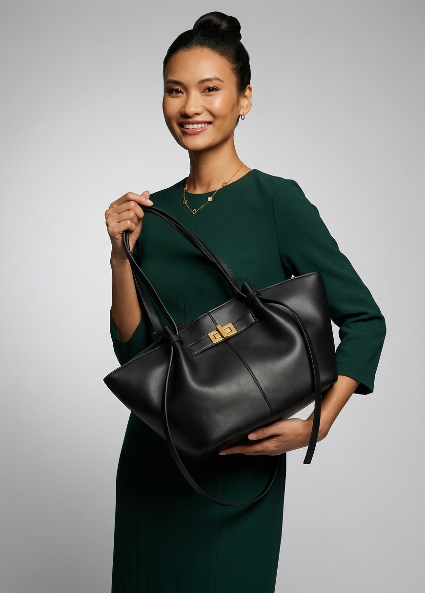Recycled PU tote bag with strap and clutch with gold detail in black-GRS Certified-ODM/OEM