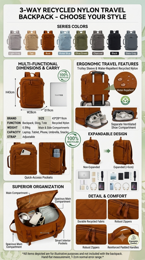 3-Way Travel Backpack – GRS Certified Recycled Nylon