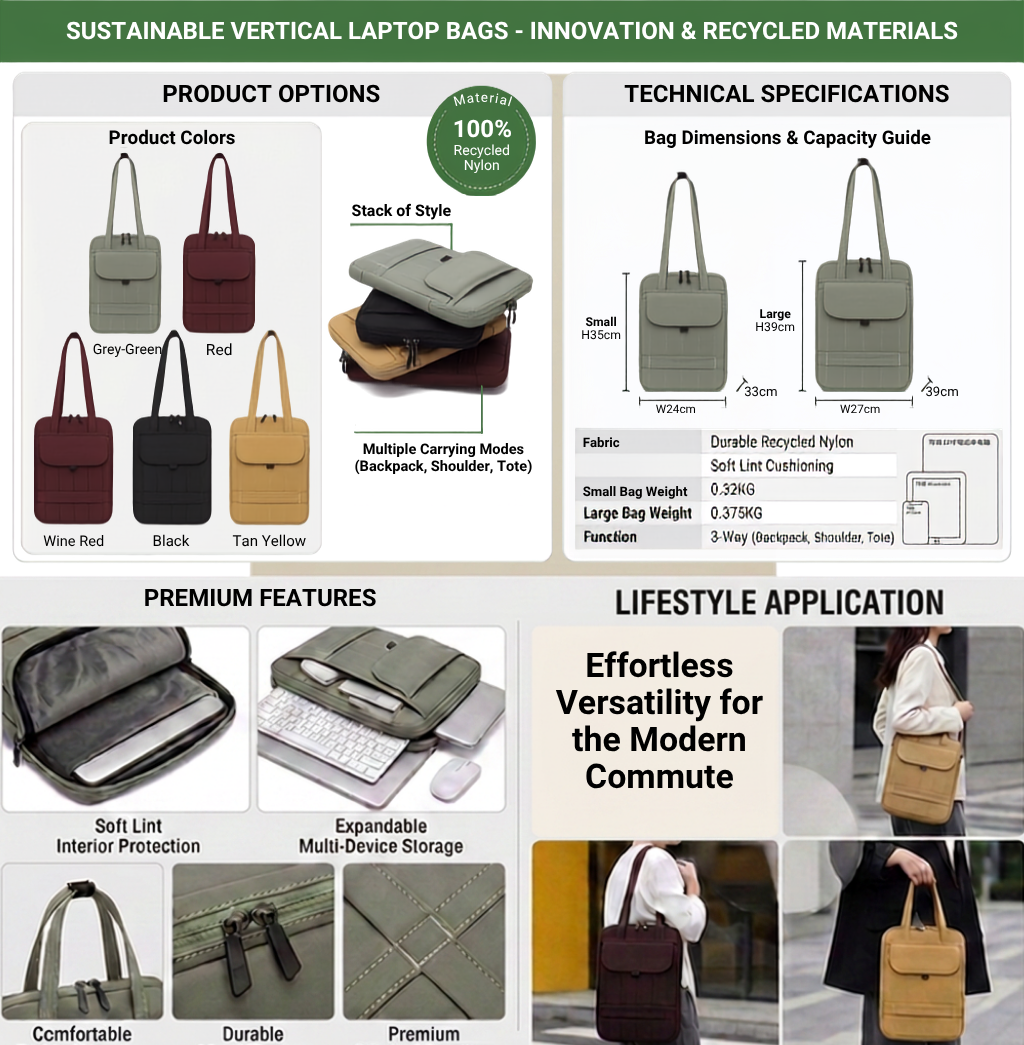 Vertical Laptop Bag – GRS Certified Recycled Nylon (Small & Large)