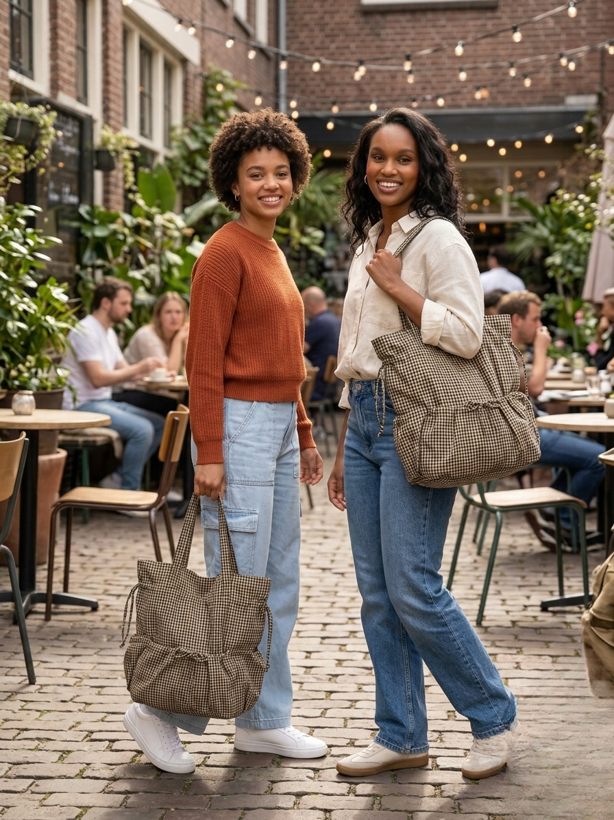 Recycled pocket tote bag in mono gingham-GRS Certified-ODM/OEM