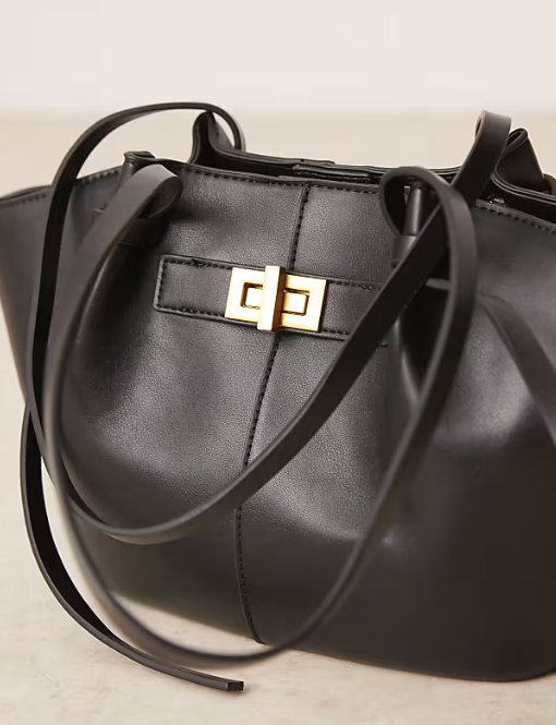 Recycled PU tote bag with strap and clutch with gold detail in black-GRS Certified-ODM/OEM