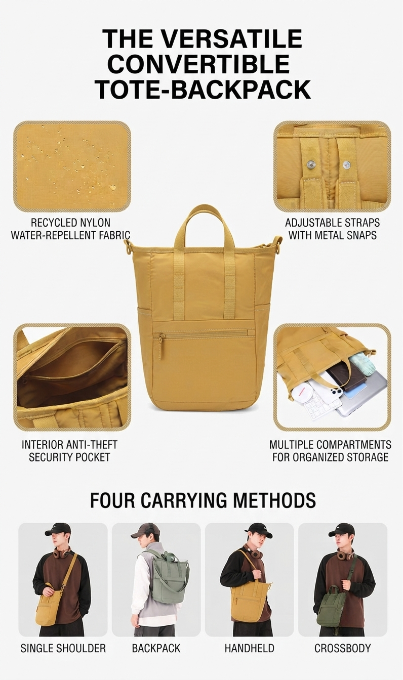 Convertible Tote‑Backpack – GRS Certified Recycled Nylon
