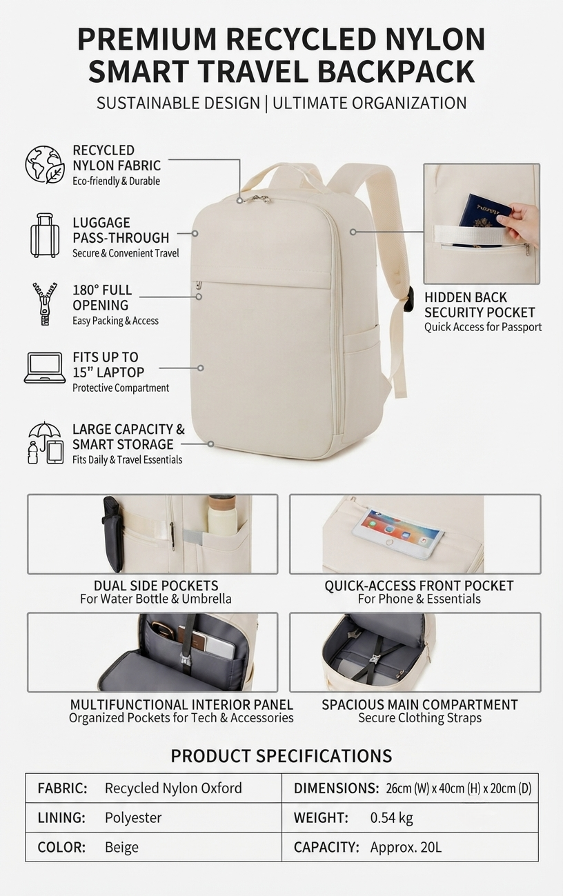 Smart Travel Backpack – GRS Certified Recycled Nylon
