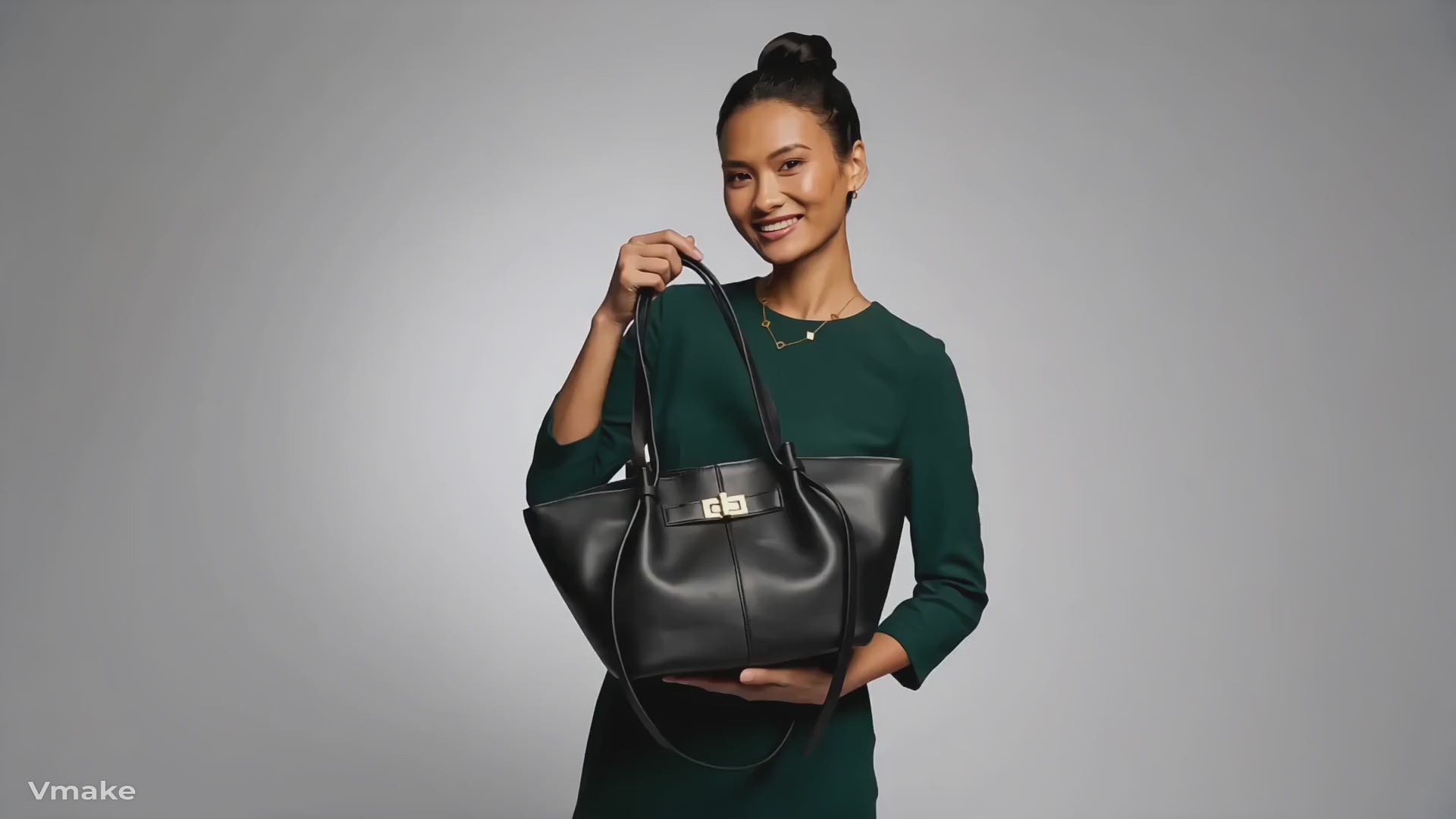 Recycled PU tote bag with strap and clutch with gold detail in black-GRS Certified-ODM/OEM